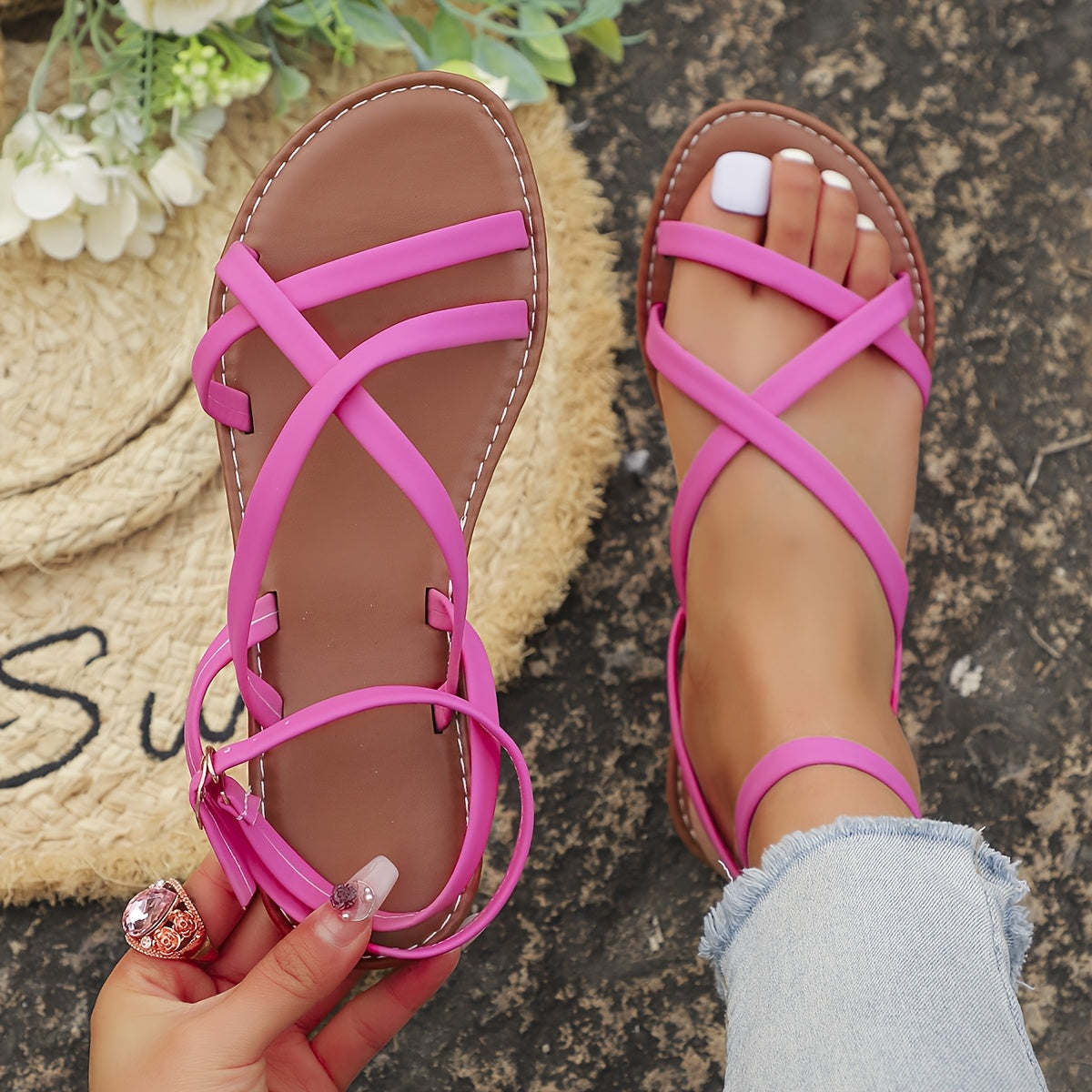 Women's Summer Flat Sandals Brown Faux Cover Open Toe Ankle Strap