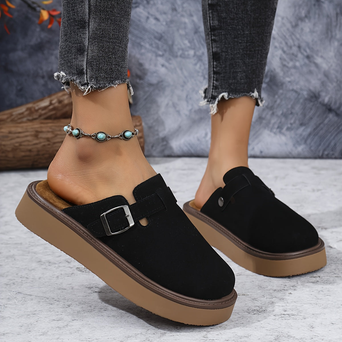 Women's Casual Buckle Loafers All-Season PU Upper Rubber Sole Flannel Insole