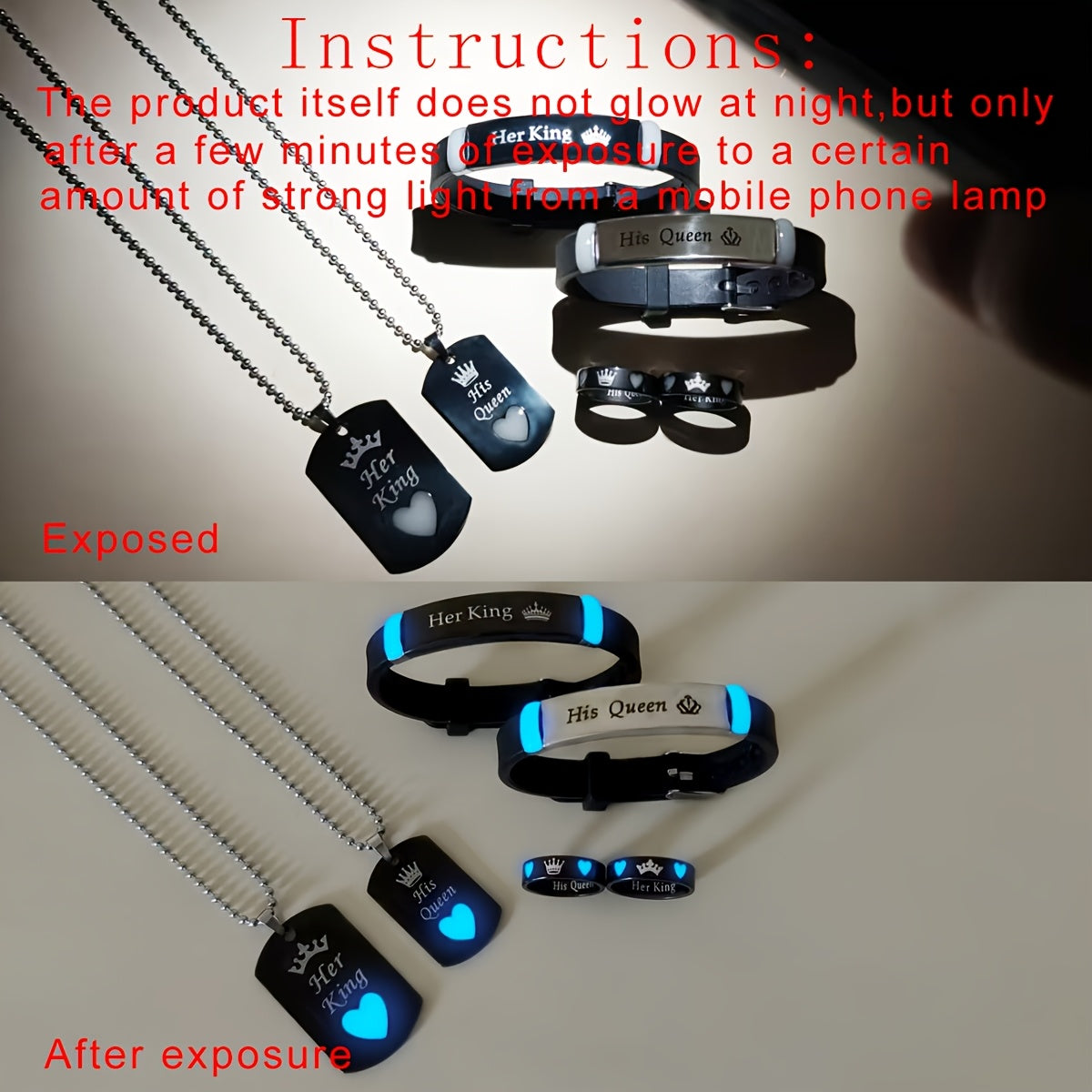 6-Piece Stainless Steel Love Crown Jewelry Set for Couples Necklace Bracelet Ring Gift