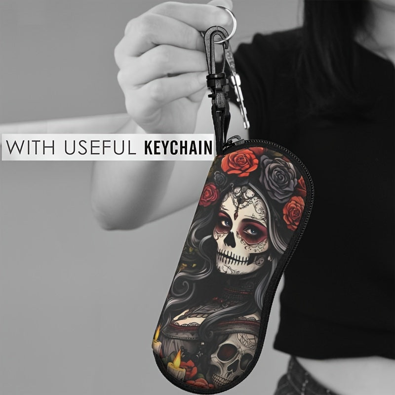 Ultra-Light Sugar Skull Glasses Case with Zipper Durable Rubber Eyewear Protector for Men and Women