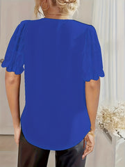 Women's Swiss Dot Mesh V-Neck Blouse Short Sleeve Lace Trim Summer White