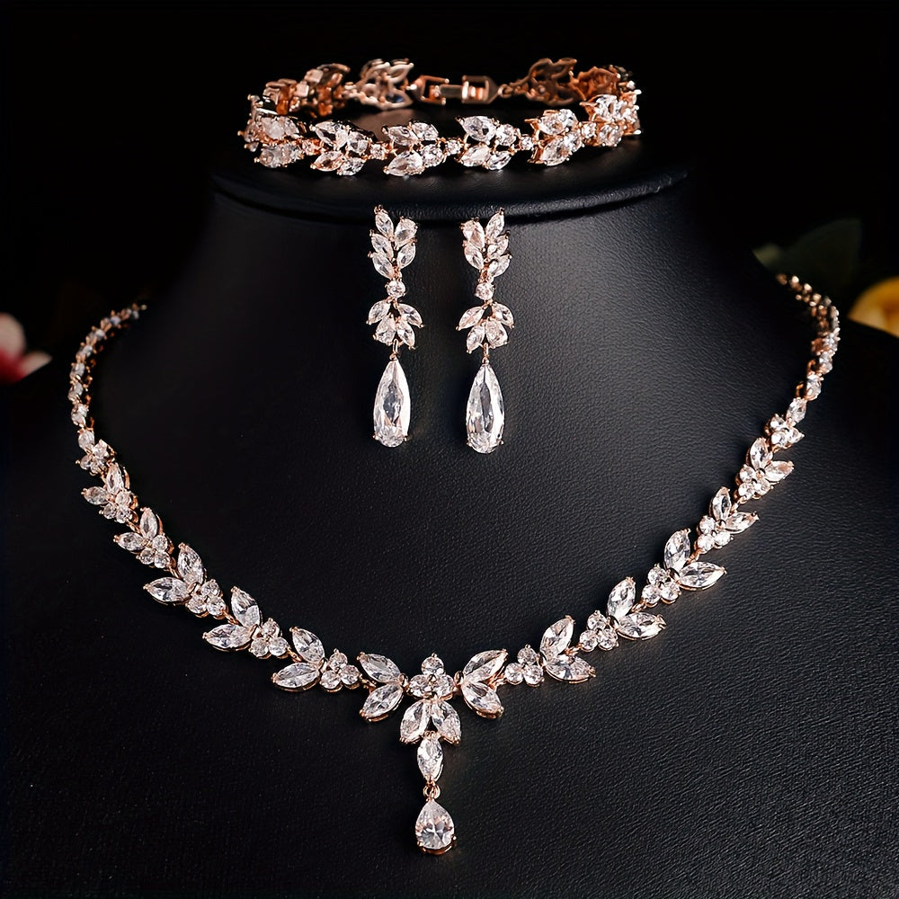 Copper Jewelry Set with Synthetic Zirconia Bridal Necklace Bracelet Earrings for Weddings and Valentine's Day