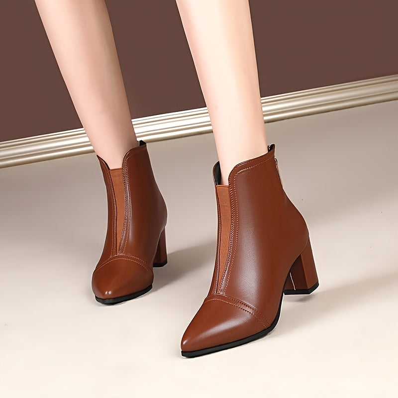 Women's Faux Leather Pointed Toe Chunky Heel Ankle Boots Brown Versatile