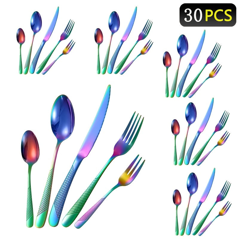 30-частный набор столовых приборов из нержавеющей стали для ресторанов и отелей, включая ножи для стейка, обеденные вилки, обеденные ложки и десертные ложки.