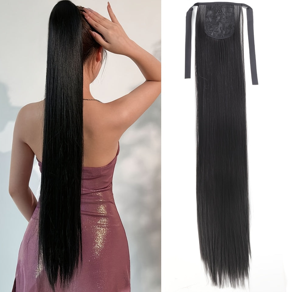 Women Black Synthetic Straight Ponytail Hair Extension 81.28cm Drawstring Style
