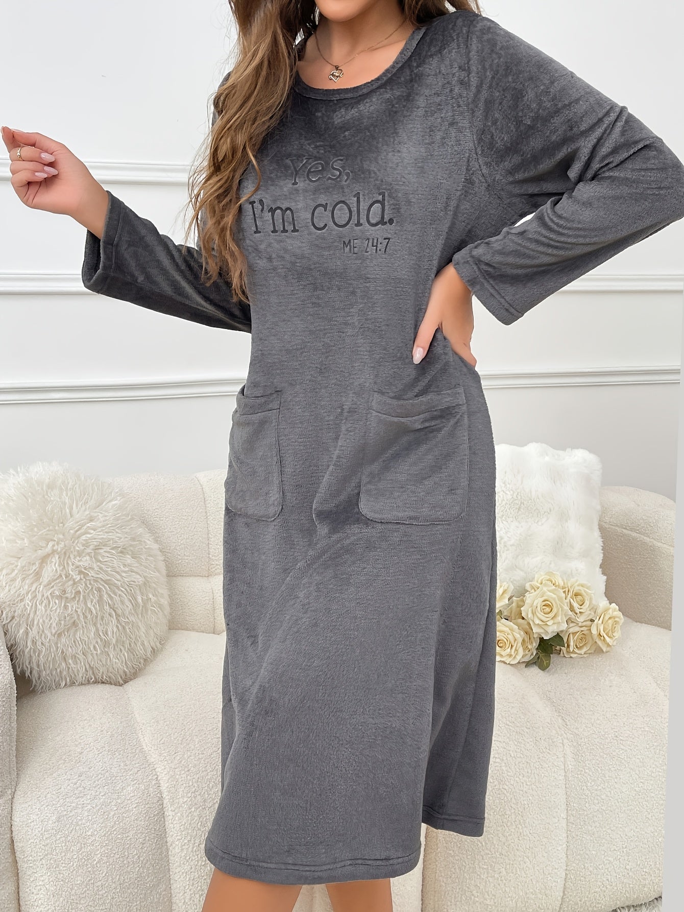 Women's Plus Size Long Sleeve Night Dress Polyester Knit Fall Winter Lounge Wear