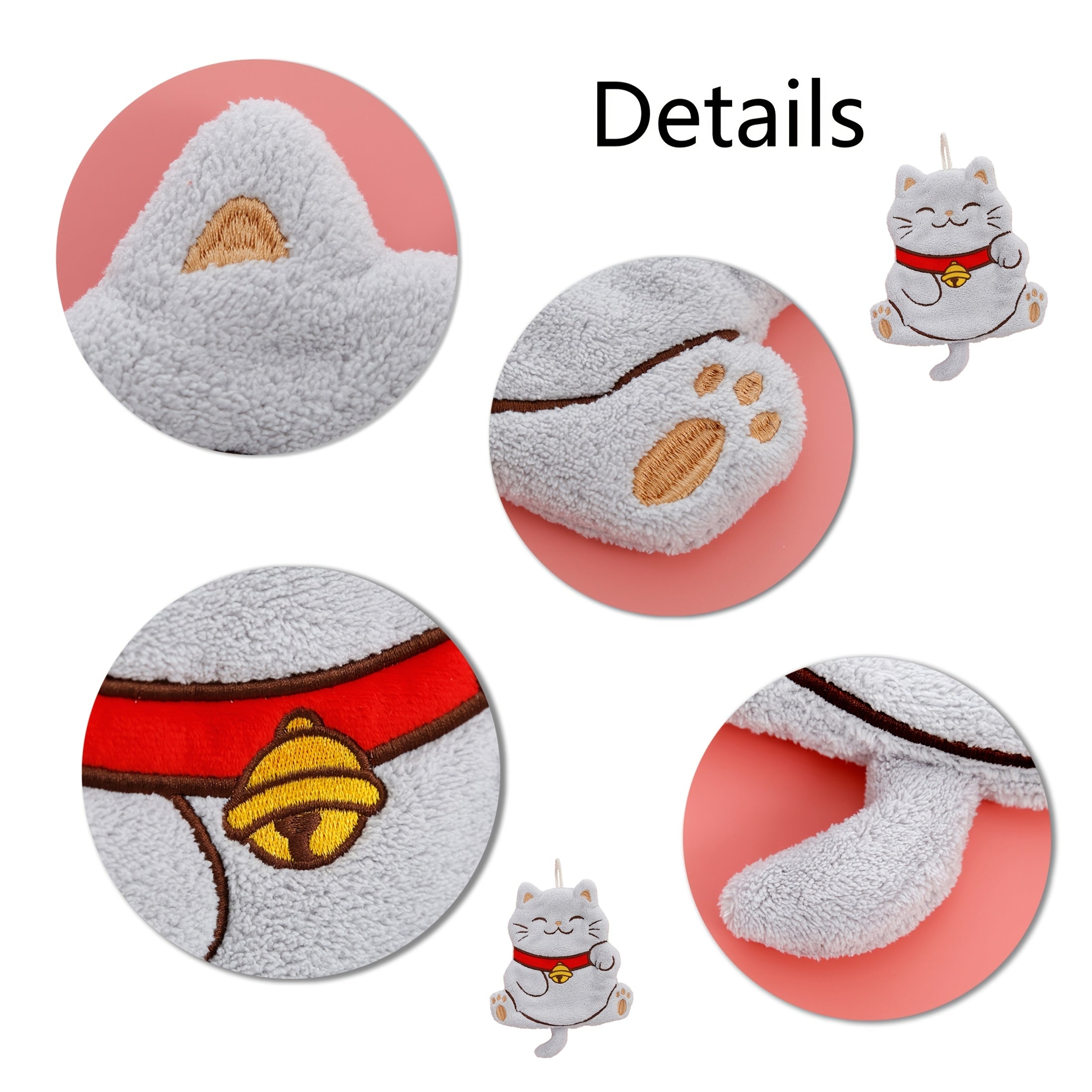 Qiziqarli Baxtli Mushuk barmoq to'pi, plush koral kadifasidan tayyorlangan, oshxona yoki hammomda kundalik foydalanish uchun ideal, osish dizayni bilan.