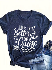 Plus Size Women's Cruise & Anchor Print T-Shirt Short Sleeve Crew Neck