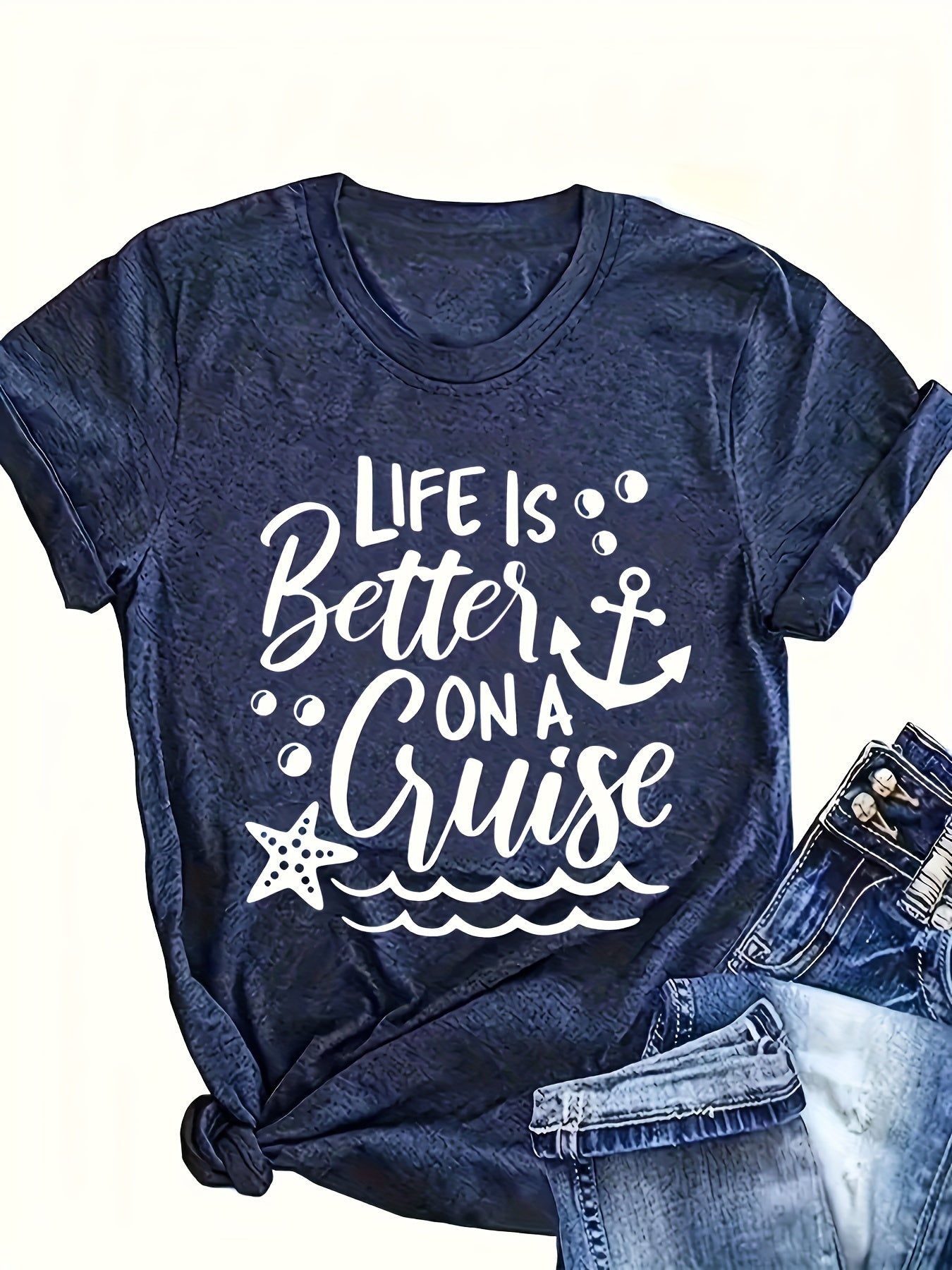 Plus Size Women's Cruise & Anchor Print T-Shirt Short Sleeve Crew Neck