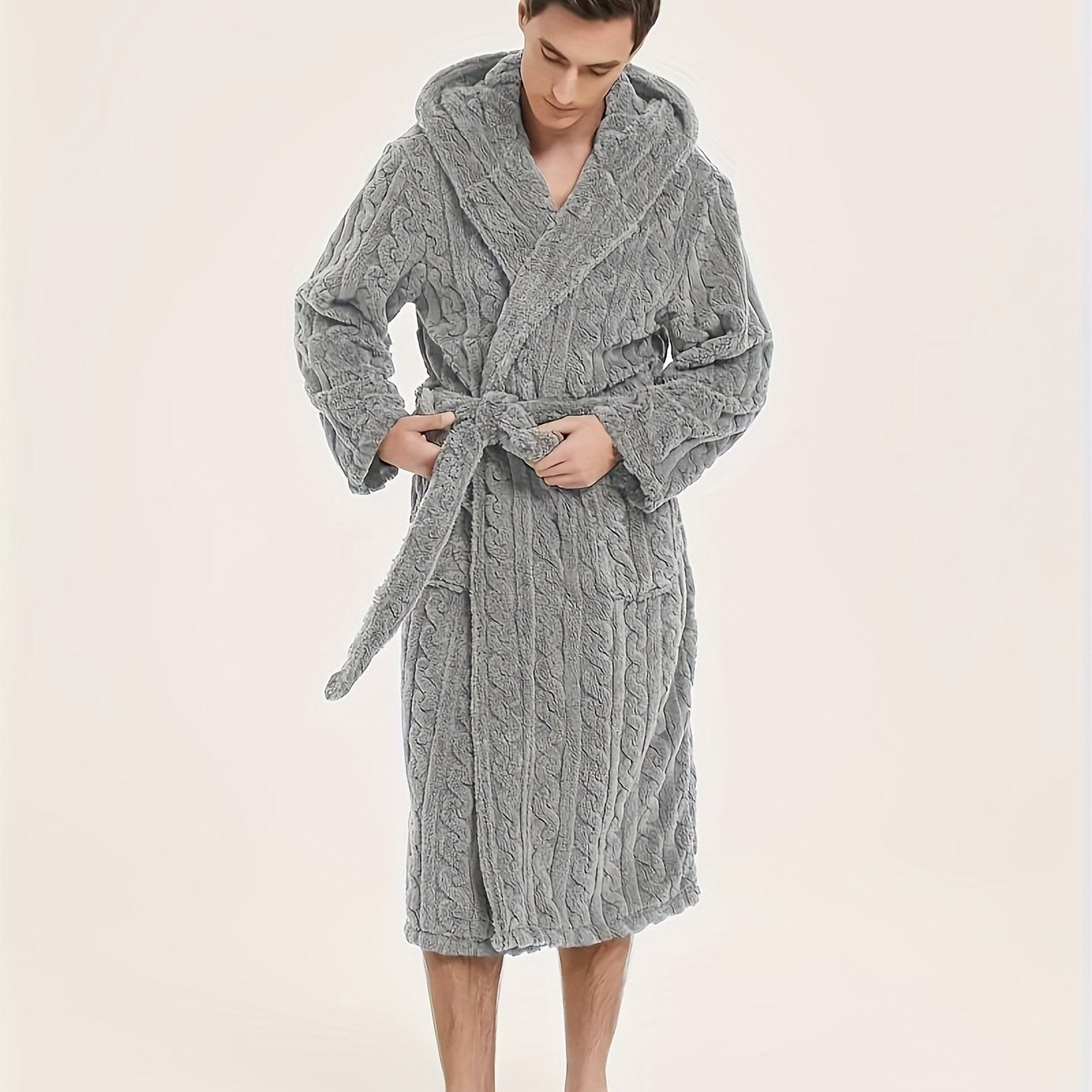 Men's Fleece Hooded Robe with Belt for Home and Hotel Use Fall Winter Casual
