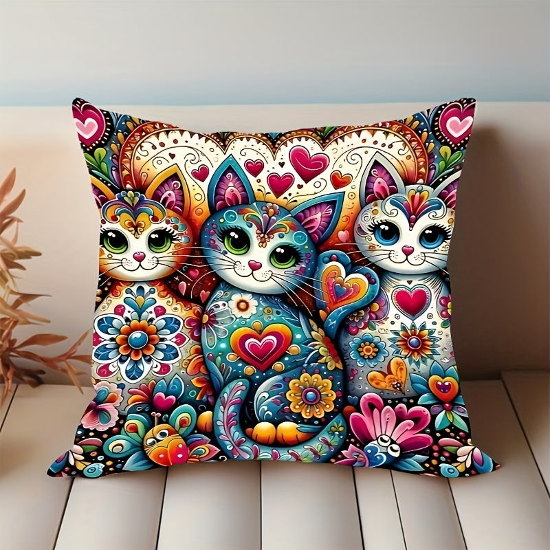 Bohemian Style Cat and Floral Print Pillowcase 44.96cm x 44.96cm with Zip Closure