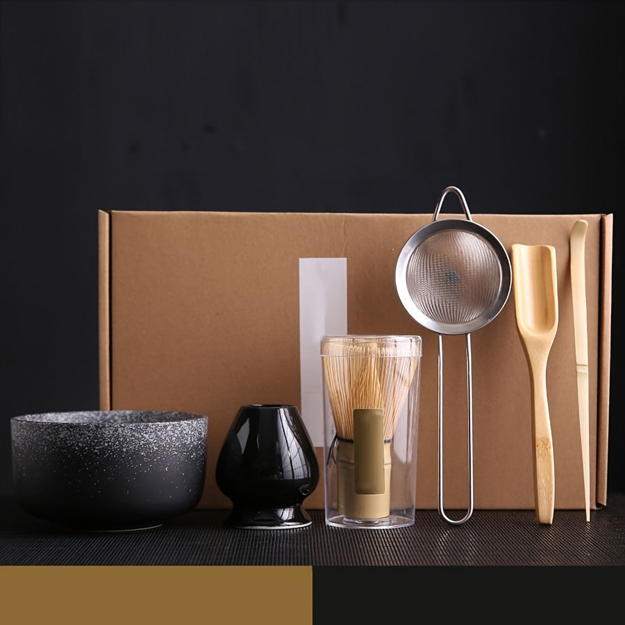 Set de ceremonia del té Matcha japonés con batidor de bambú, cuenco, cuchara, colador y soporte