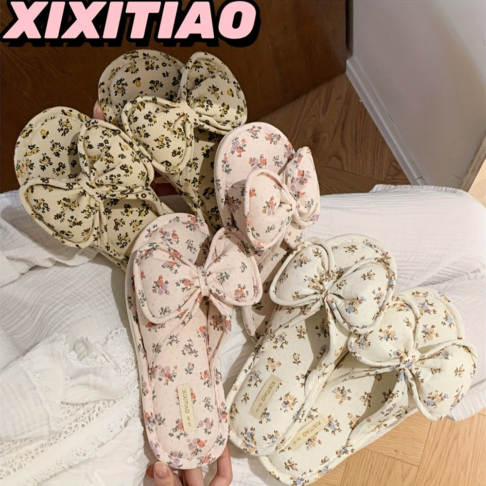 Women’s Floral Bow Slides Soft Fabric Flip Flops Non-Slip PVC Sole Indoor Outdoor