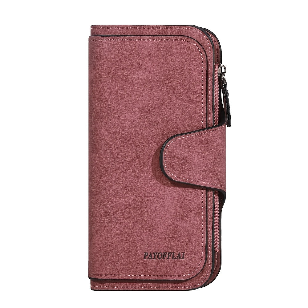 Yangi vintage uslubidagi ayollar uchun uzun hamyon, sun'iy charmdan tayyorlangan, tugmachali yopiq, zip cho'ntak, naylon astar, ko'p kartochka joylari va chet bo'yash tafsiloti bilan.