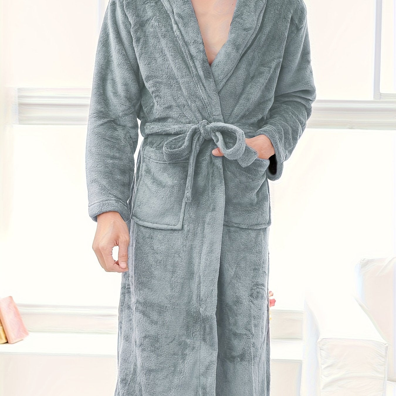 Men's Fleece Robe with Pockets Long Sleeve Casual Lounge Solid Polyester