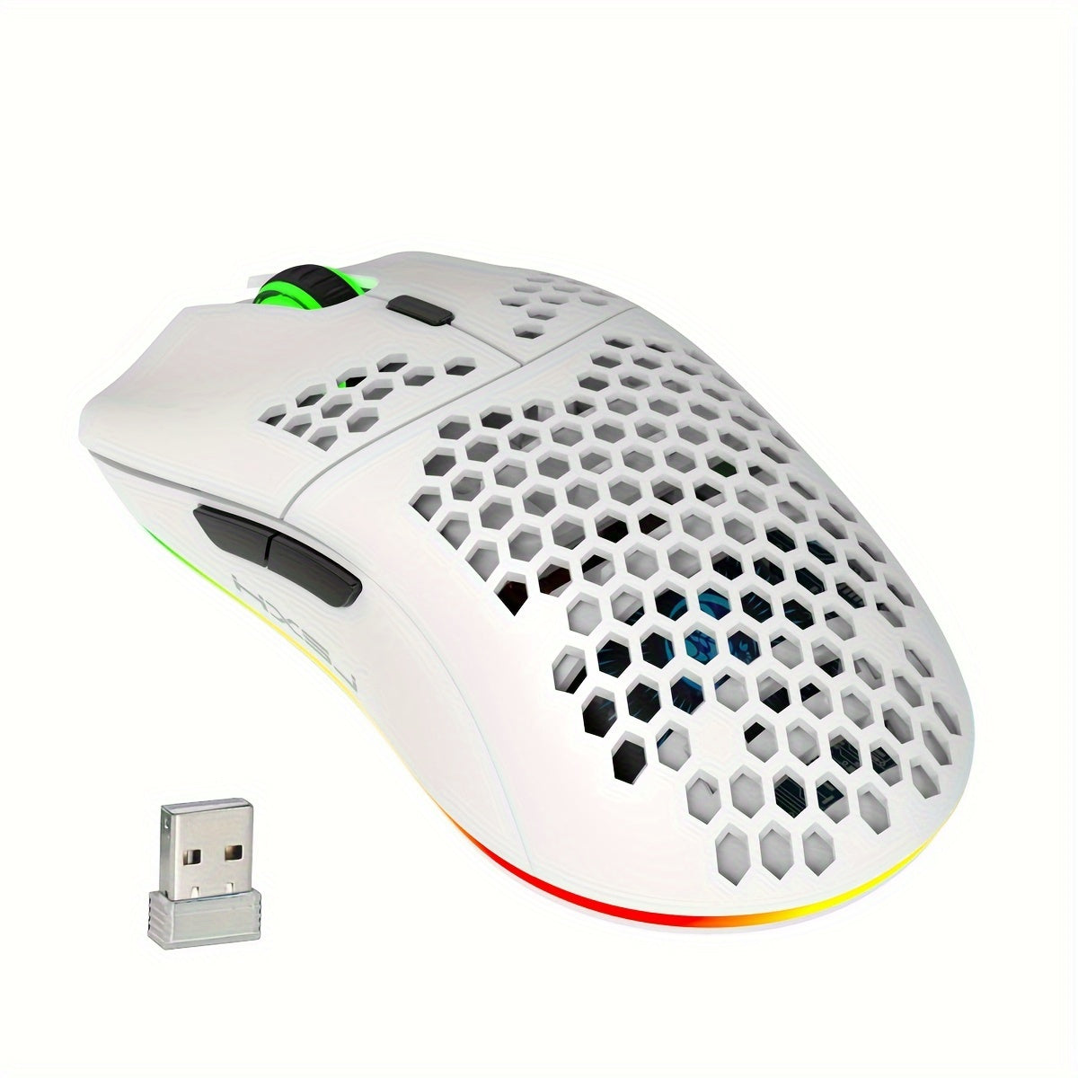 Wireless Gaming Mouse RGB Lighting Rechargeable Honeycomb Design USB Plug and Play Right-Handed White