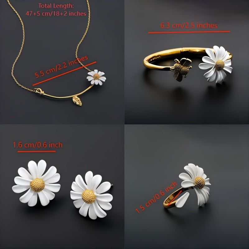 Daisy Flower Jewelry Set Stainless Steel Earrings Necklace Ring Bangle for Women