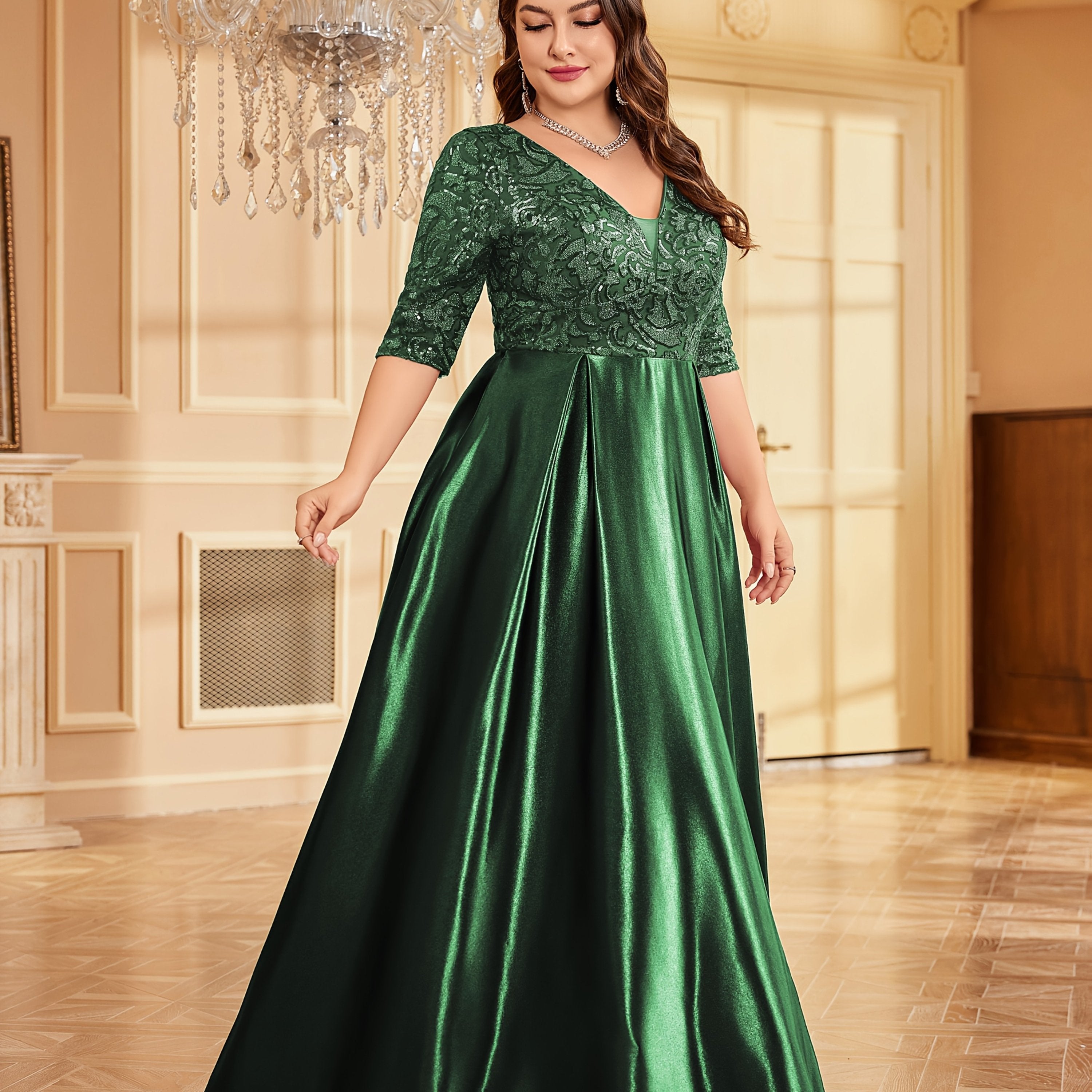 Women Long Dress Solid Color Mid-Sleeve Sequin Party Evening Gown