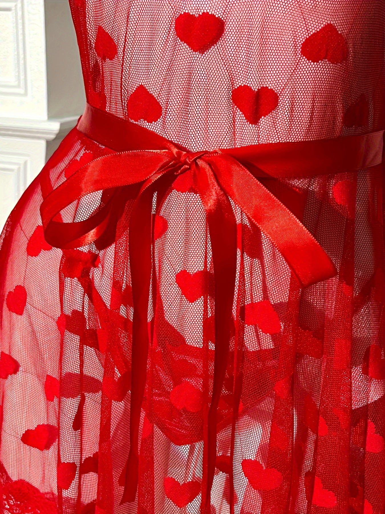 Red Sheer Mesh Lace-Up Lingerie Dress with Thong Heart Pattern Drop Waist No Padding