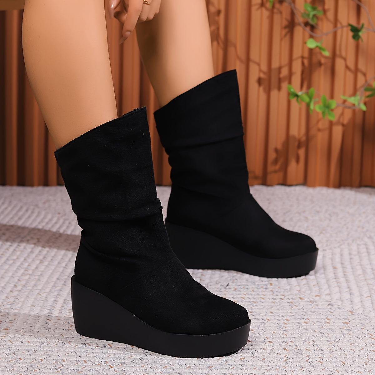 Women's Fuzzy Solid Color Winter Boots Slip-On Wedge Platform Sole Round Toe