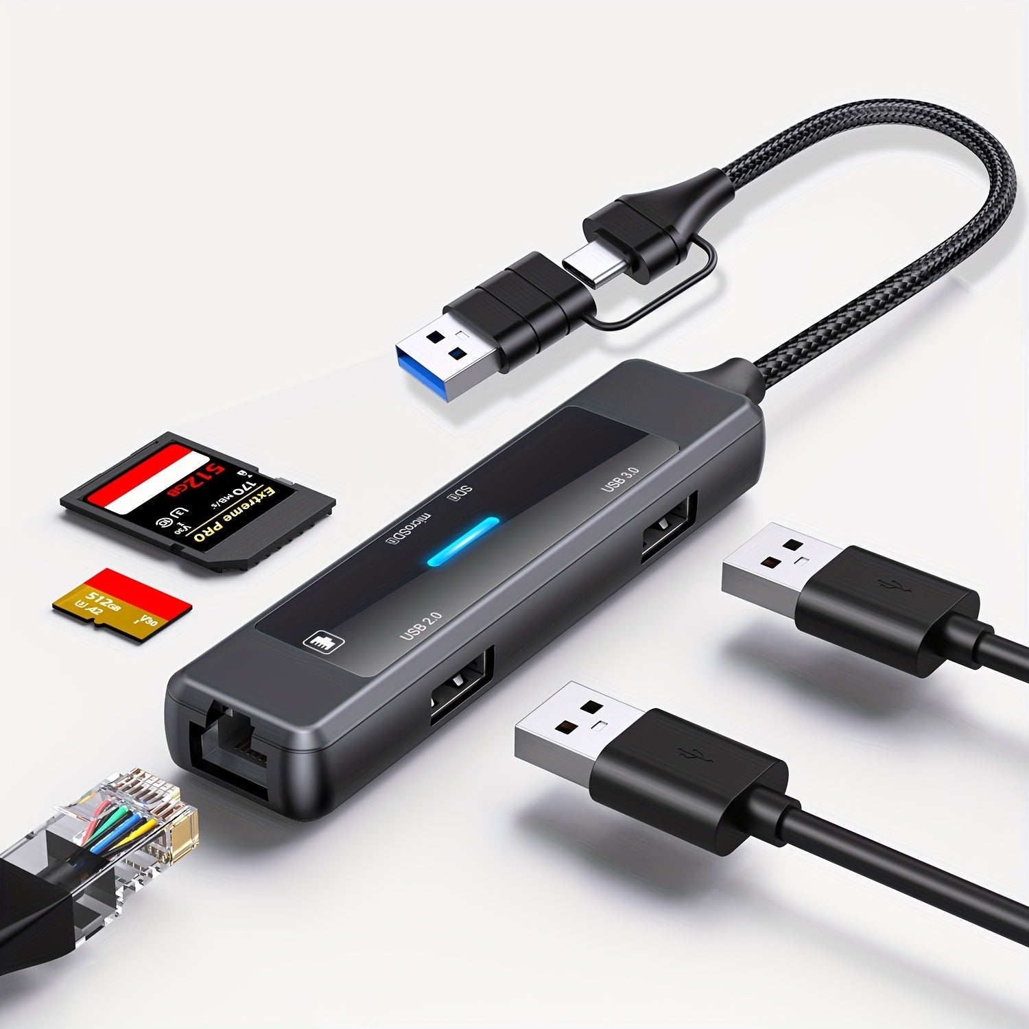 USB 3.0 adapter hub, Ethernet, Type-C quvvat porti va ikki USB porti bilan - turli qurilmalar bilan mos keladi.
