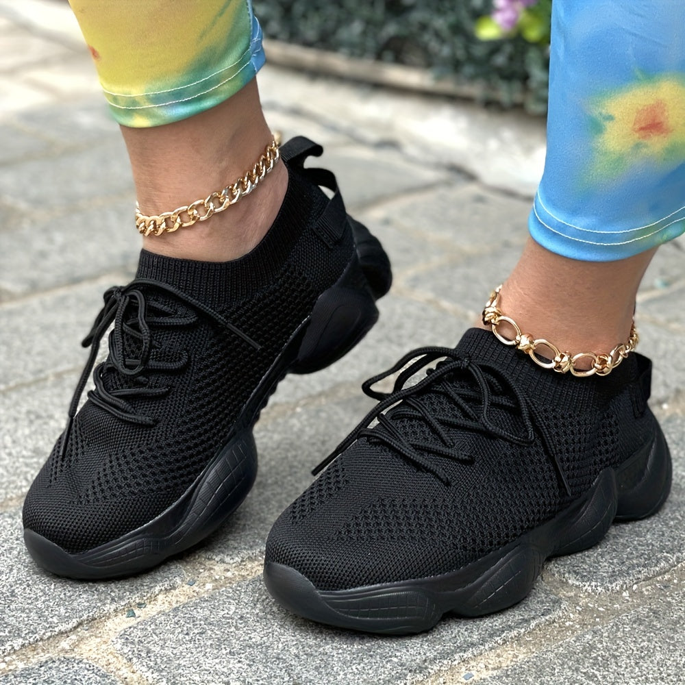Women's Casual Sneakers, Lightweight Round Toe, Lace Up, Solid Color