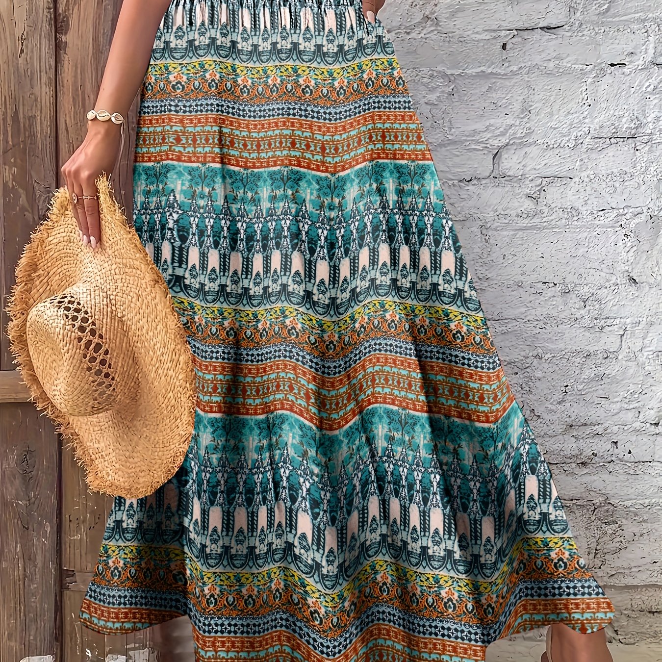 Falda larga bohemia tropical para mujer con cintura alta y volantes para la playa