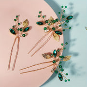 Set of 3 Green Leaf Rhinestone Hairpins for Bridal Hair Accessories Hanfu Style