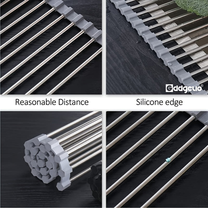 Large Grey Stainless Steel Silicone Heat Resistant Non-Slip Dish Drying Rack with Sink Drain