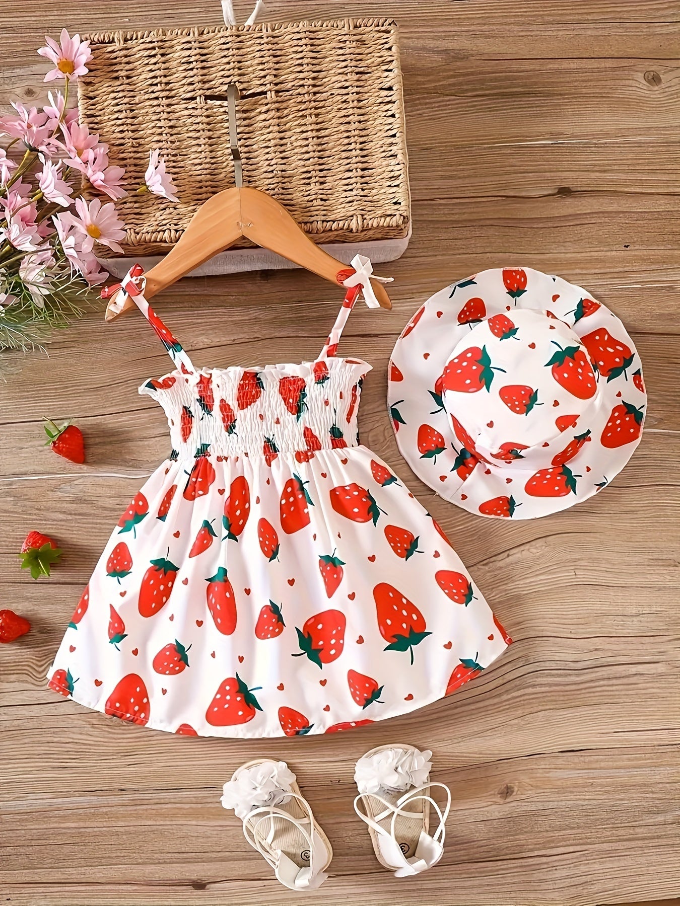 Baby Girl Dress Set with Fruit Cartoon Print Summer Casual Midi Dress and Hat