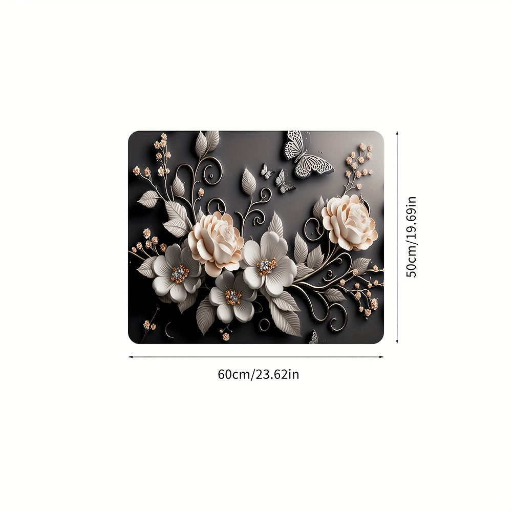 Black Floral Print Washing Machine Dust Cover Mat 50x60cm Quick-Dry Polyester