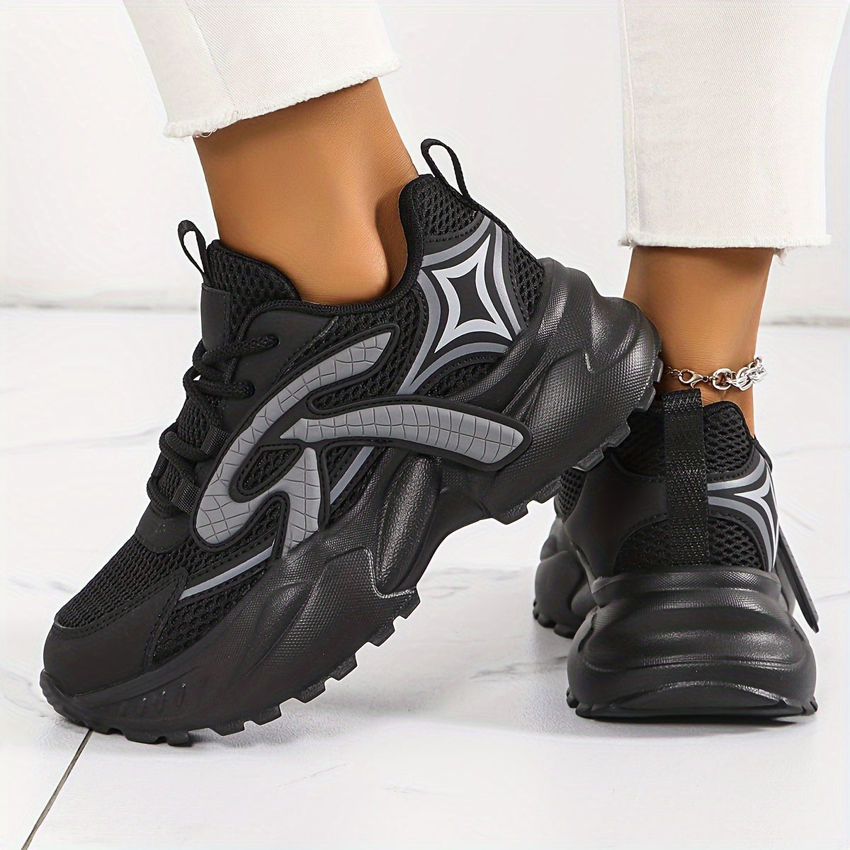 Women's Mesh Sneakers Lace Up Platform Breathable Non-slip Walking Shoes