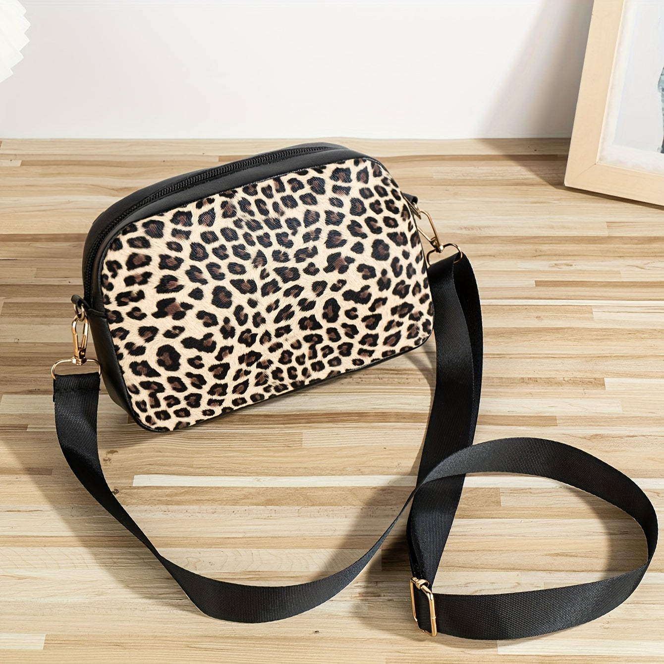 Leopard Print Crossbody Bag for Women with Adjustable Strap Cat Charm Zipper Closure