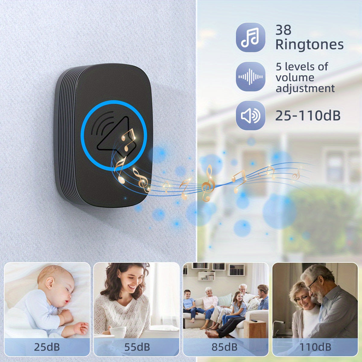 Wireless Doorbell with 38 Ringtones 1050FT Range Adjustable Volume and LED Indicators