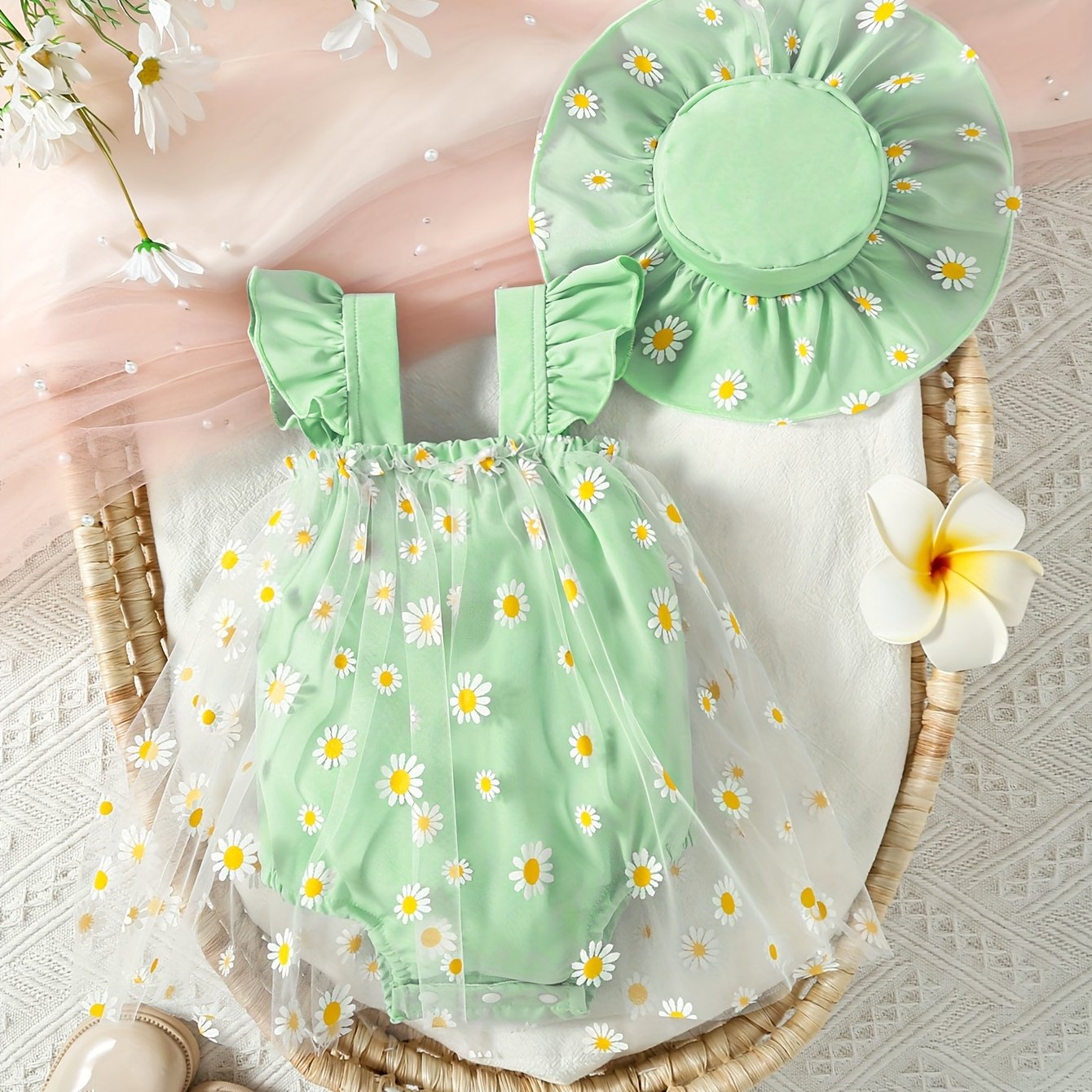 Baby Girls Summer Outfit Daisy Print Bodysuit and Sun Hat Set
