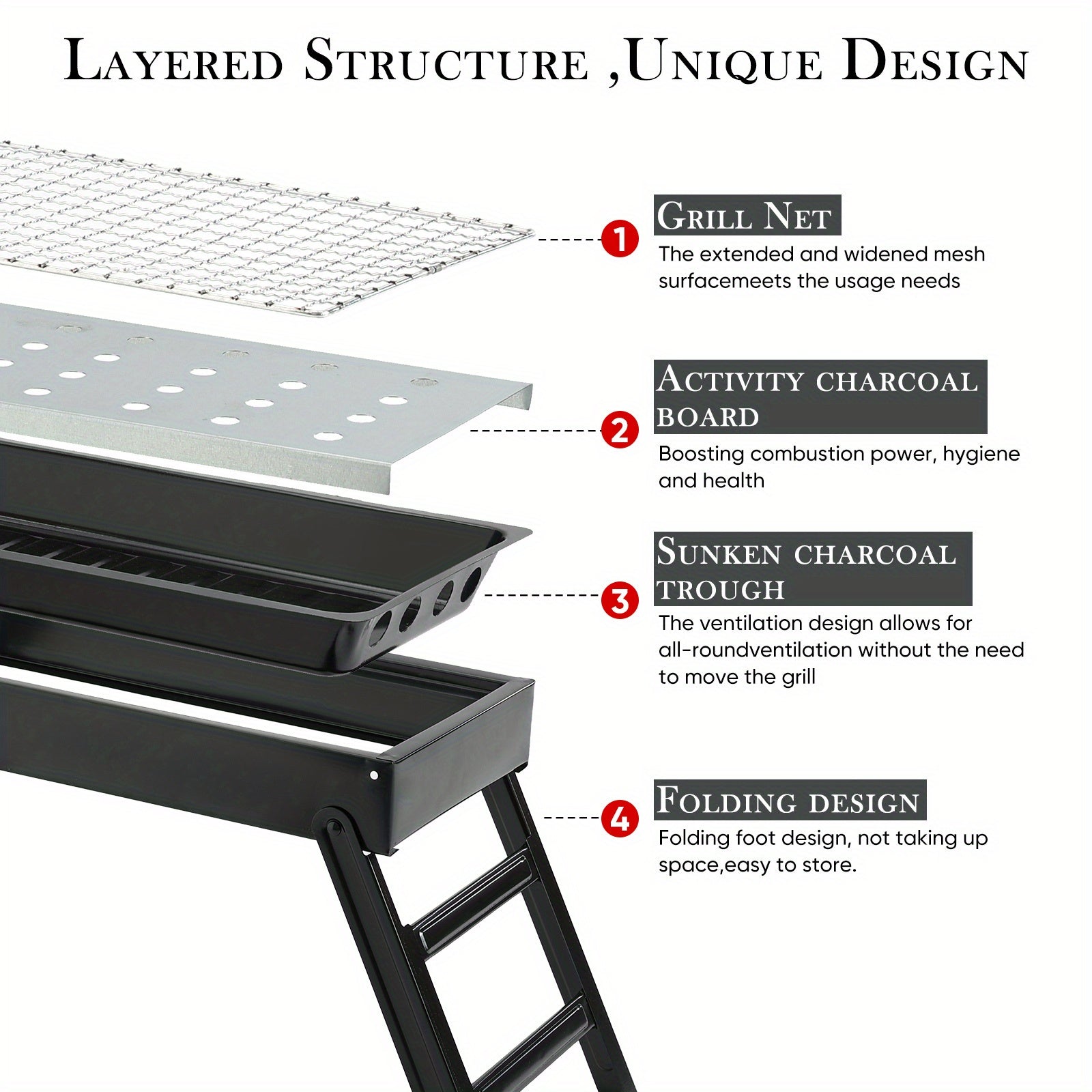 Portable stainless steel foldable charcoal grill with adjustable racks for outdoor cooking camping picnics backyard BBQs kebabs burgers