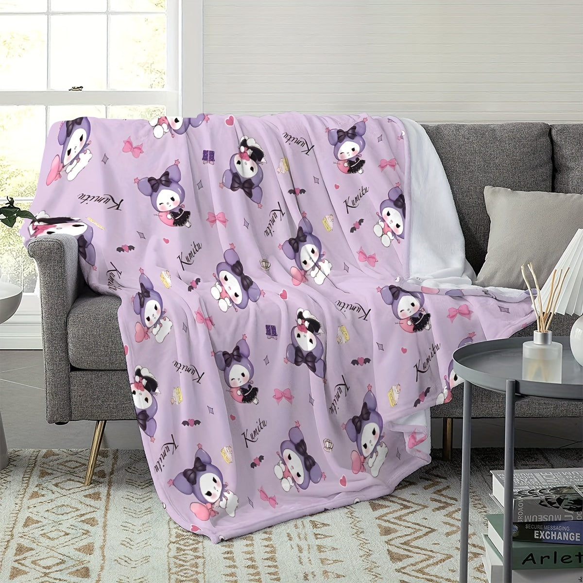 Kawaii Kuromi Flannel Throw Blanket Anime Digital Print Cozy Lightweight Polyester for Living Room Bedroom Office