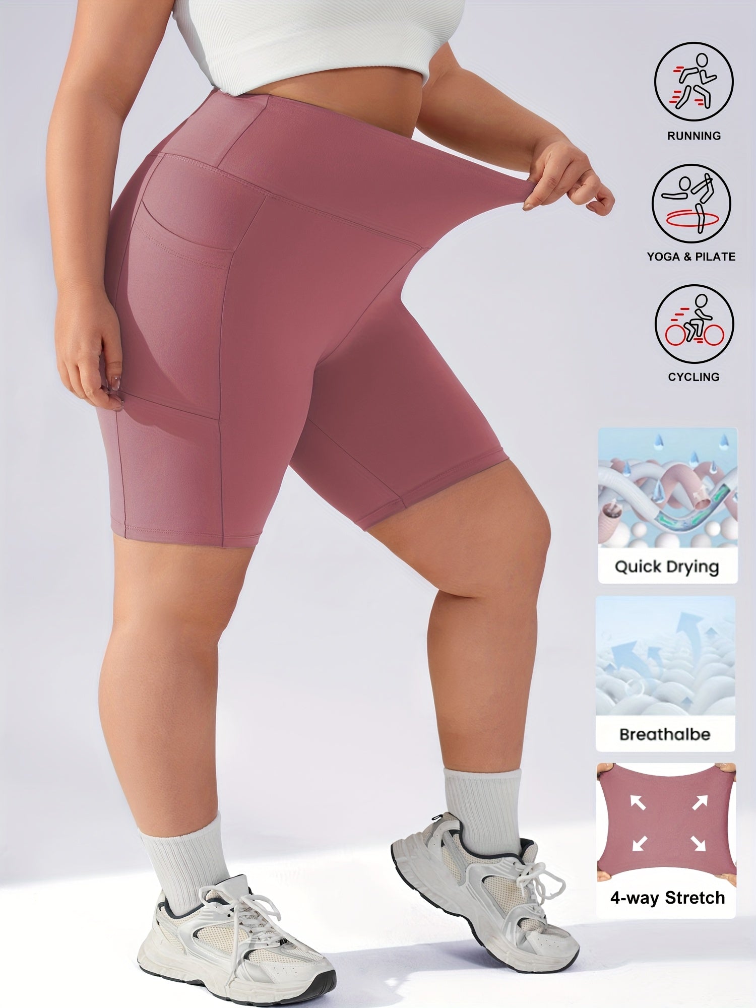 Plus Size Women's High-Waisted Tummy Control Workout Shorts with Pockets