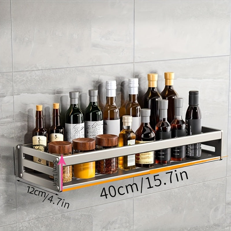 Wall-Mounted Kitchen Storage Rack with Seasoning Shelf and Utensil Holder