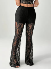 Plus Size Women's Flared Leg Pants Black High Waist Lace Detail Evening Wear