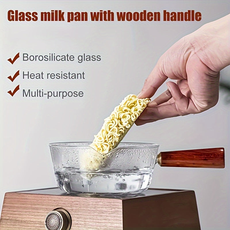 Glass Milk Pot with Red Wooden Handle Non-Stick Lid 450ml or 650ml