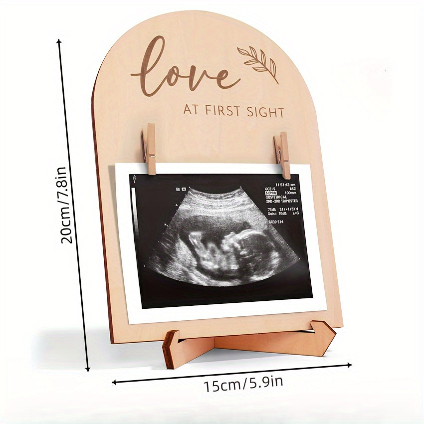 Wooden Ultrasound Photo Frame with Sign and Ink Pad for New Parents Light Yellow