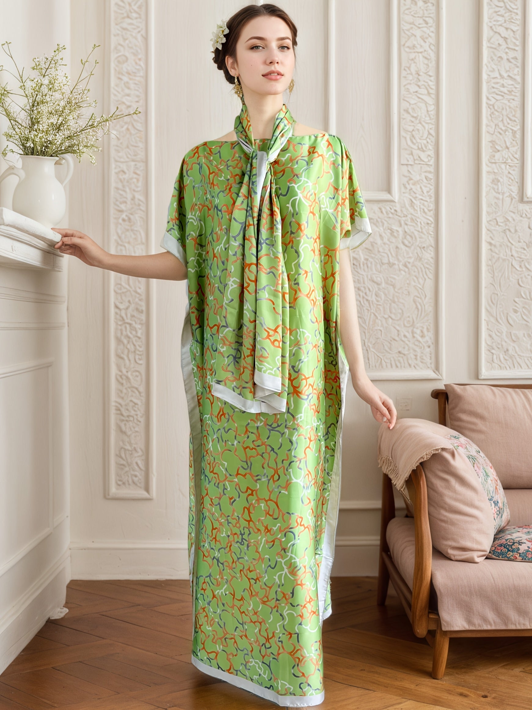 Women's Plus Size Green Printed Long Dress Batwing Sleeves All Seasons
