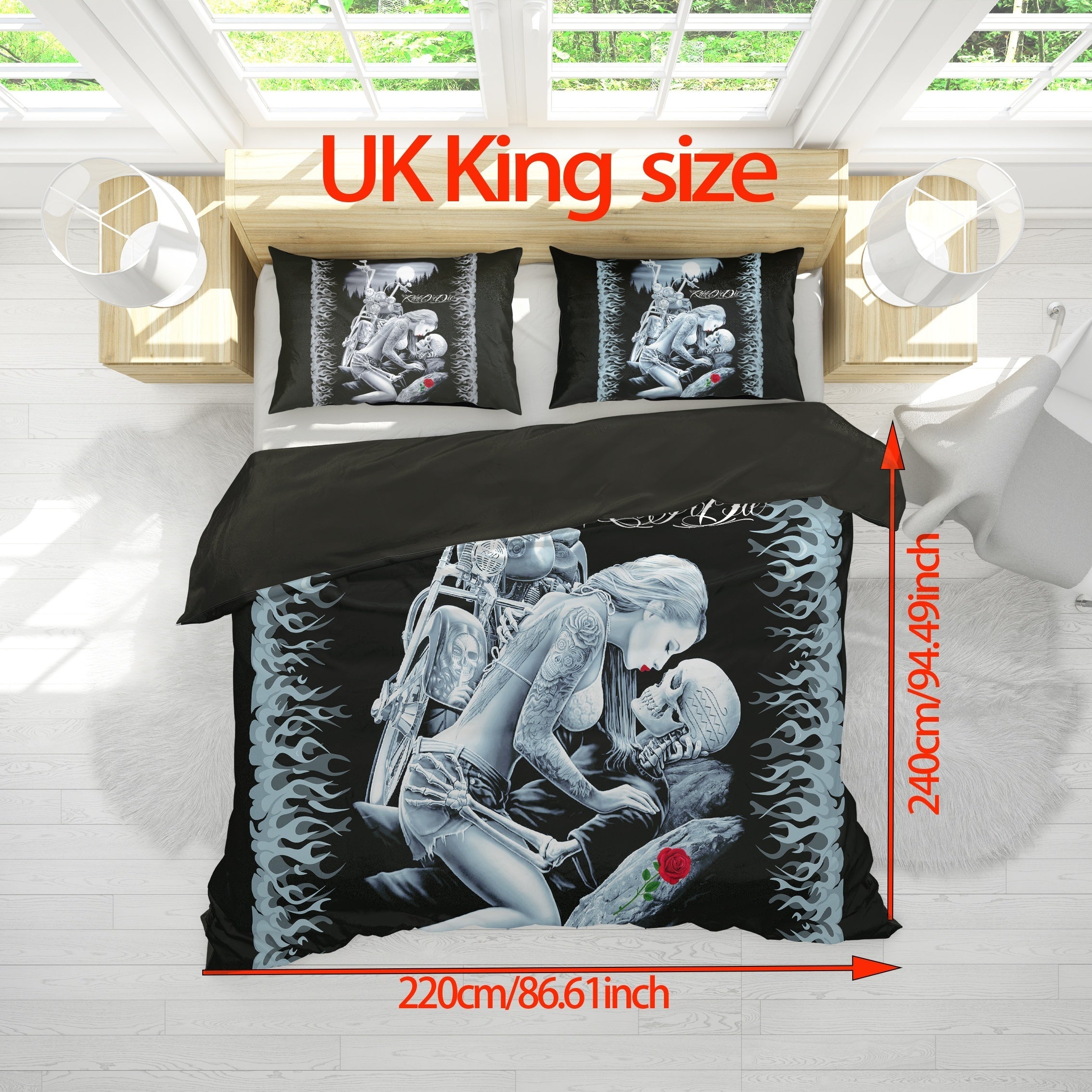 Skull Rose Print Duvet Cover Set with Pillowcases for Bedroom or Guest Room