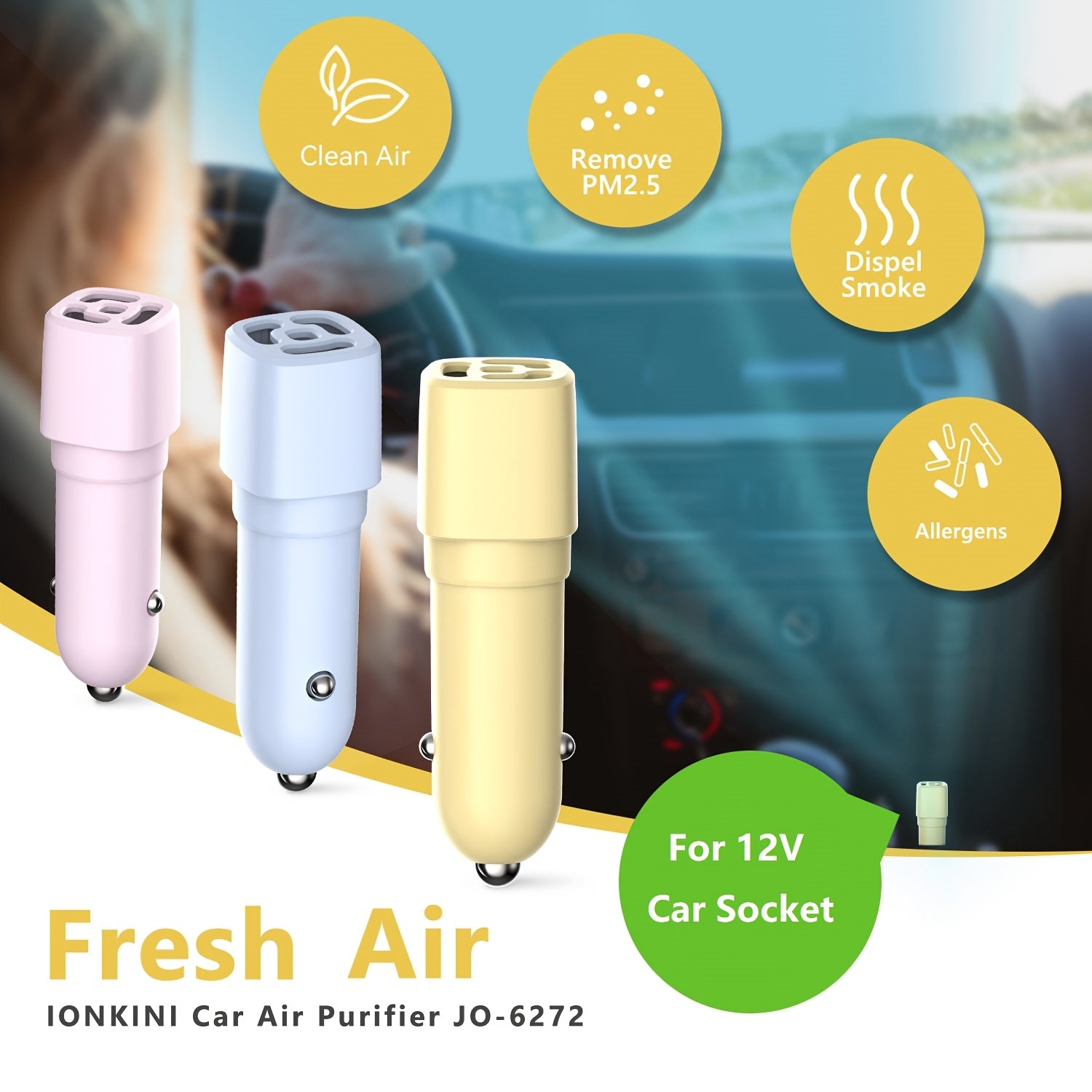 Car Ionizer Air Purifier 12V with Negative Ions for Vehicle Dust Smoke