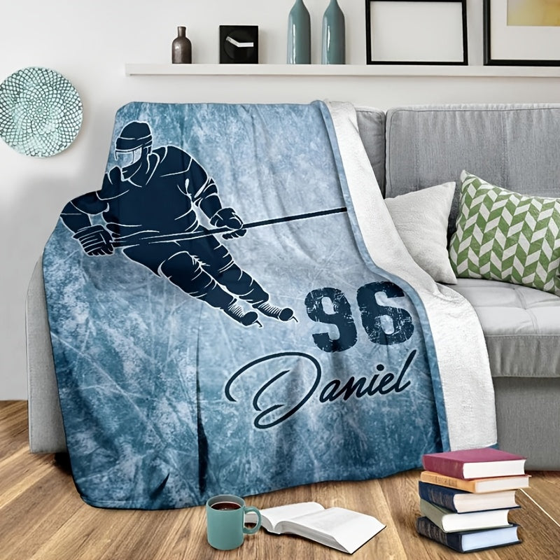 Personalized Ice Hockey Player Flannel Blanket Custom Name Soft Warm Polyester All-Season Use