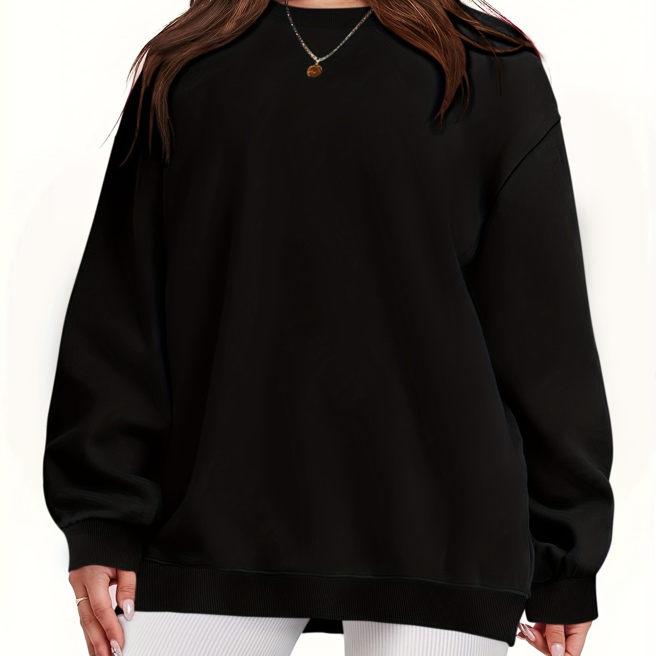 Plus Size Women's Solid Long Sleeve Crew Neck Sweatshirt Casual Fall Spring