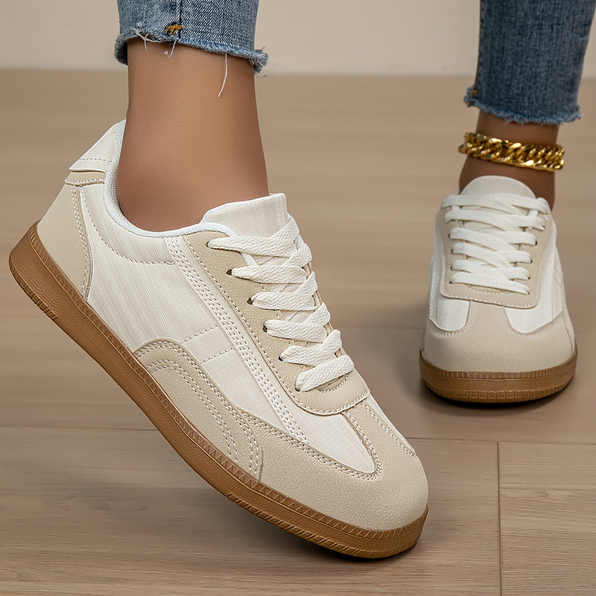 Women's Casual Sneakers Breathable Mesh Non-Slip Low-Top Beige White