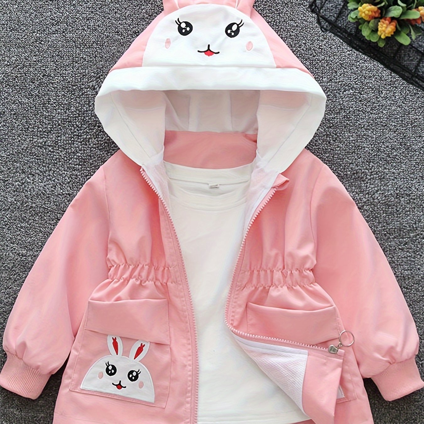 Girls' Pink Bunny Windbreaker Jacket Long Sleeve Spring Fall Non-Stretch Polyester Blend