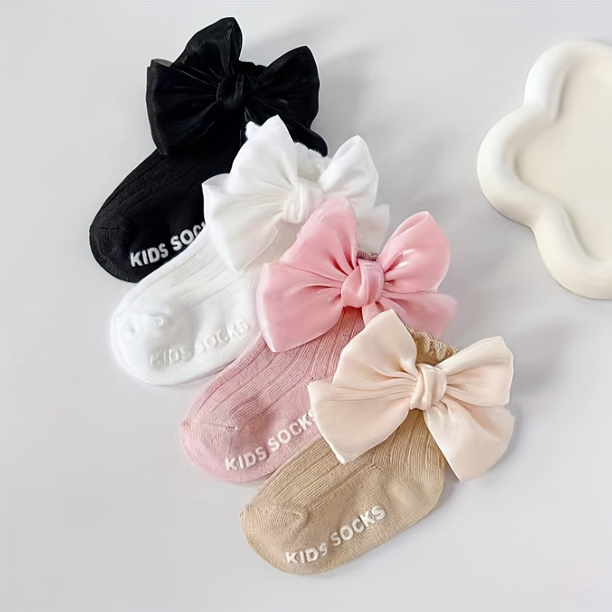 Girls' Mid-Calf Socks 4 Pairs Breathable Knit with 3D Bow in Black White Pink Beige